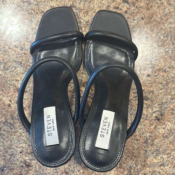 Steven New York Jacee Sandals Size 8.5 Black Block Heels Square Toe Slip On - Picture 9 of 10